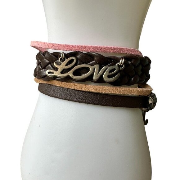 VTG Cuff Bracelet 8" Strap Brown Leather Love‎ Anchor Metal Braided - Picture 5 of 8
